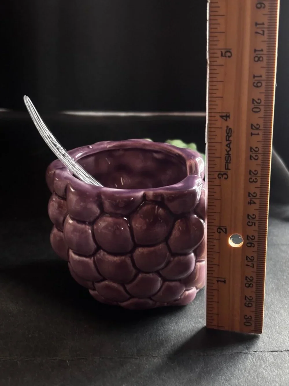 Ceramic Purple Grape Jam Sugar Jar With Lid Spoon Green Leaf Accent Vintage 80s